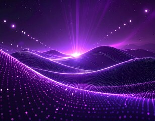 Purple, glowing, digital landscape with a bright light at horizon