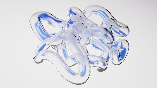 Abstract geometric maze structure made of glass tubes, isolated on white background. Blue objects are refracted through the transparent surfaces. 3D rendering illustration.