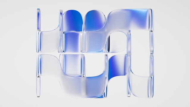 Abstract geometric maze structure made of glass tubes, isolated on white background. Blue objects are refracted through the transparent surfaces. 3D rendering illustration.