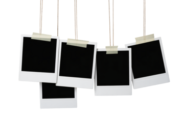 Blank polaroid photos hanging with tape, perfect for adding your memories, travel, family, and creative designs, ideal for social media content