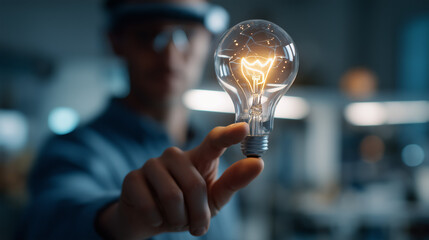 Hand touching AR/VR interface with lightbulb immersive marketing concept creative emerging technology digital future strategy headset visible face not shown defocused lab wit