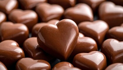 A close-up of glossy, heart-shaped chocolates, a sweet indulgence