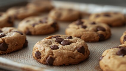 GoldenBrown Delights. A Tempting Array of Chocolate Chip Cookies on a Baking Sheet.