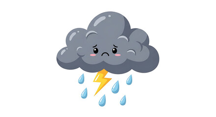 Cartoon gray cloud with a sad face lightning bolt and raindrops isolated on a white background