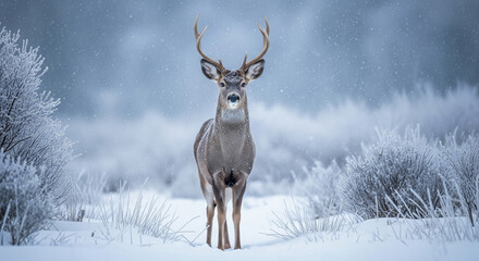 Majestic white-tailed deer buck standing in a snowy winter landscape. Wildlife portrait of a stag with antlers in a serene, frosty forest during a snowfall. Concept of nature and wilderness.