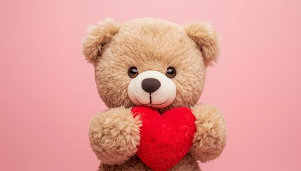 Obraz premium Plush Companion Holding a Crimson Heart Soft Textures on a Pastel Background.