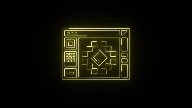 Glowing neon line pixel art with animation. Retro pixel icon HD video isolated on black background.
