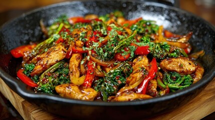 Fototapeta premium A black pan with a stir fry of chicken and vegetables. The vegetables include broccoli, peppers, and onions. The dish is served on a wooden table