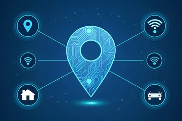Obraz premium Location Pin Connected Tech Icons Networking Geolocation Navigation Mapping Concept