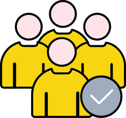 Group of four people with a checkmark in a circle on a white background verification confirmation