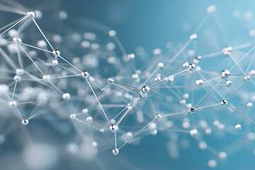 Conceptual image of network marketing with connected people icons and digital links on a light blue background. Symbol of teamwork and business connections.