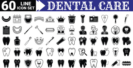 Sixty Line Icon Set for Dental Care and Oral Hygiene Concepts line art