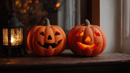 Obraz premium glowing jack o lanterns on windowsill