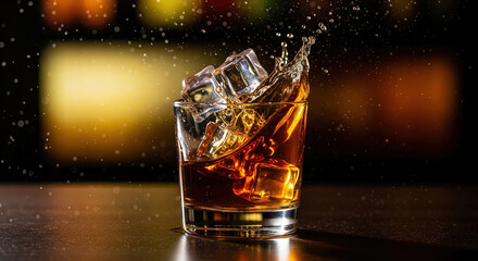 Ice cubes creating a dynamic splash in a glass of whiskey on a bar counter with a blurred background.