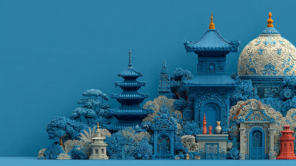 Abstract representation of culture and society with icons or people silhouettes on a bright blue background.