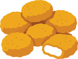 Pile of golden brown chicken nuggets with one bitten