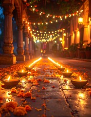 Diwali celebration with candles and lights illuminating a pathway.