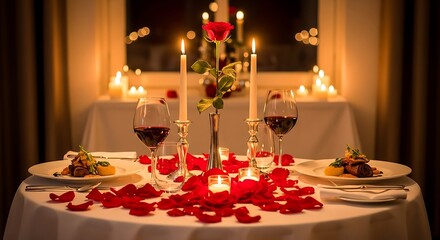 Romantic candlelit dinner table setting with red rose petals and wine glasses.