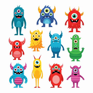 Naklejki Monster icon set line. Happy Halloween. Cute cartoon kawaii colorful scary funny character. Eyes, tongue, hands up. Baby collection. Sticker print. Childish style. Flat design. White background Vector