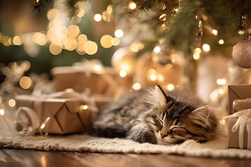 Adorable Kitten Sleeping Peacefully Under a Christmas Tree. Cozy Holiday Magic Concept