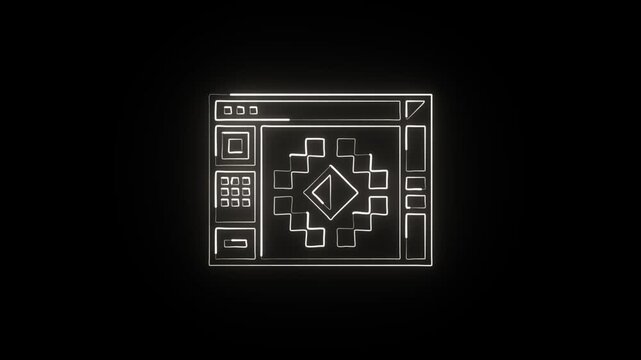 Glowing neon line pixel art with animation. Retro pixel icon HD video isolated on black background.