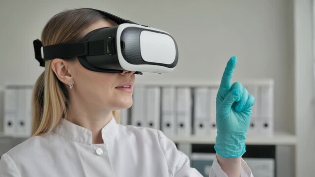 Female scientist using virtual reality headset for medical simulation in laboratory