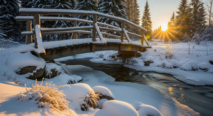 Serene winter landscape with a snow-covered wooden bridge over a frozen stream during a golden sunset.