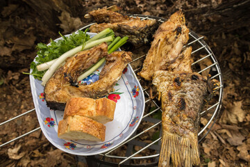 Cooked fish on the barbecue.Bread, fish, greens.