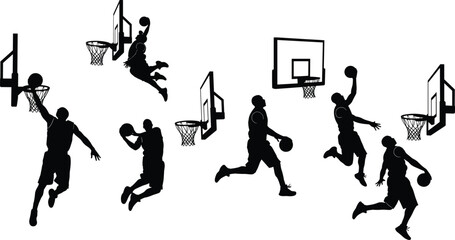 Basketball slam dunk silhouette, athletic jump, dynamic pose, sports action, black figure, isolated background, hoop, scoring, mid-air motion, energy