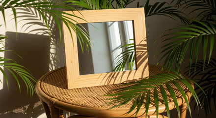 Fototapeta premium Minimalist home decor with a wooden mirror, rattan table, and tropical palm leaf shadows in bright sunlight.