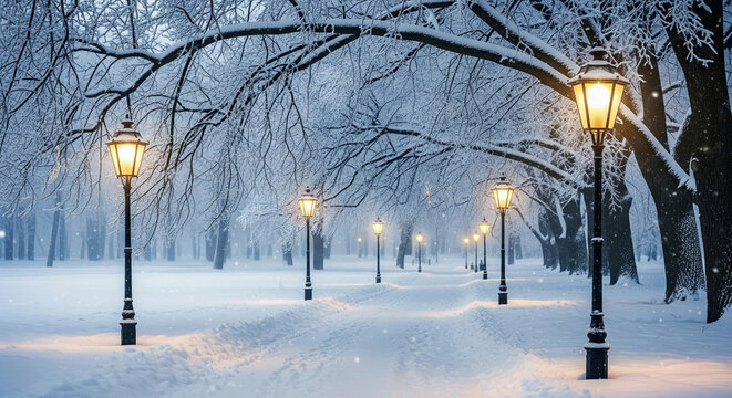 Magical snowy park alley with glowing vintage street lamps on a cold winter evening.
