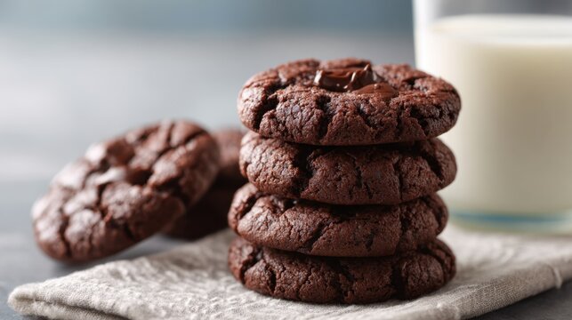 A stack of chocolate cookies and a glass of milk. The cookies are piled on top of each other, and the milk is in a glass on the table. Concept of comfort and indulgence, as the cookies