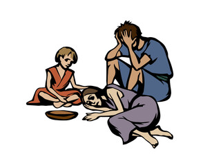 People suffering from hunger. Vector drawing