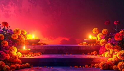 Diwali Celebration with Marigolds and Candles on Steps.
