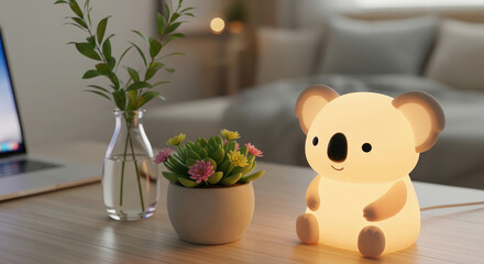 Adorable koala night light on a desk in a cozy modern bedroom workspace.