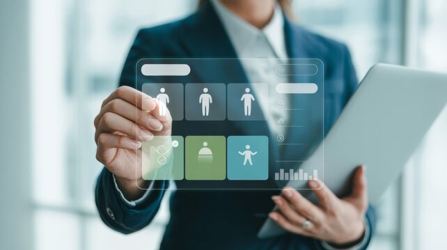 HR Manager Monitoring Employee Wellness Program on a Digital Interface. HR professional hand reviewing a glowing, translucent digital interface for an employee wellness program. 