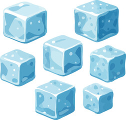 Seven blue ice cubes with air bubbles frozen cold