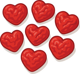 Seven red hearts with textured surfaces and shadows