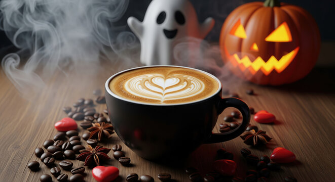 Halloween-themed coffee with latte art, surrounded by spooky decorations like a ghost and jack-o'-lantern.