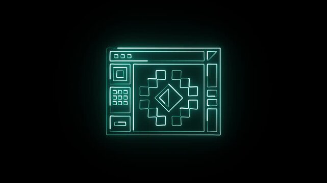Glowing neon line pixel art with animation. Retro pixel icon HD video isolated on black background.