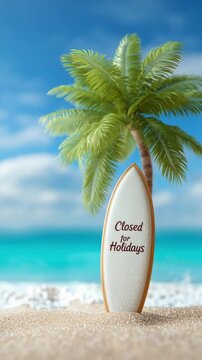 Tropical Beach Scene with Surfboard Sign &ldquo;Closed for Holidays&rdquo;
