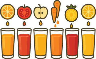 Six glasses of juice with fruit and vegetable ingredients above