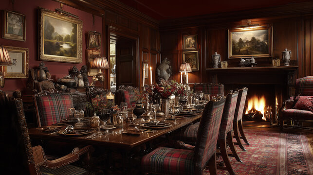 Traditional Scottish Manor Dining Room Interior with Tartan and Carved Wood Chairs