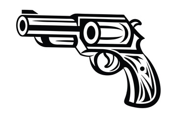 Bold black and white revolver illustration showcases a classic firearm silhouette design