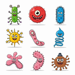 Cartoon bacteria mascot. Virus character, bacterias with funny faces. Color microbes and disease viruses isolated vector illustration set. Monster creature organism, bacteria and microbe