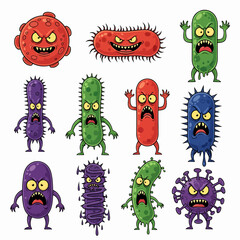 Cartoon bacteria mascot. Virus character, bacterias with funny faces. Color microbes and disease viruses isolated vector illustration set. Monster creature organism, bacteria and microbe