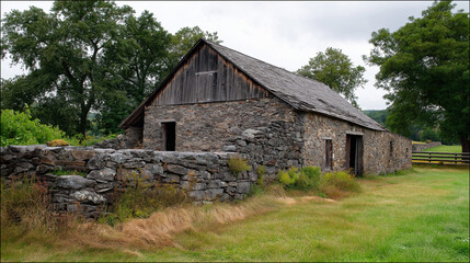 Obraz premium Rustic Fieldstone Barn Foundation - Weathered Rural Architecture Texture
