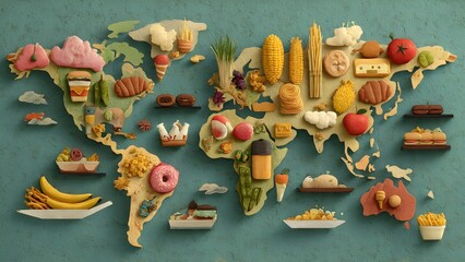 Creative world map made of traditional foods and snacks