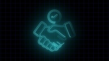 A glowing neon Blue color sign featuring a handshake against a dark background, symbolizing agreement and partnership.