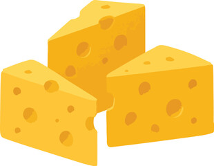 Three wedges of yellow cheese with holes food dairy